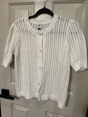 CAbi White Openwork Button-Front Short Sleeve Cardigan